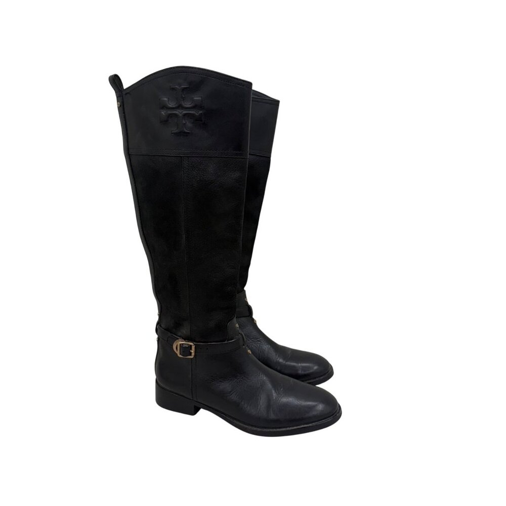 Tory Burch Simone Black Pebbled Leather Side Zip Riding Boots Shoes Womens sz 8M